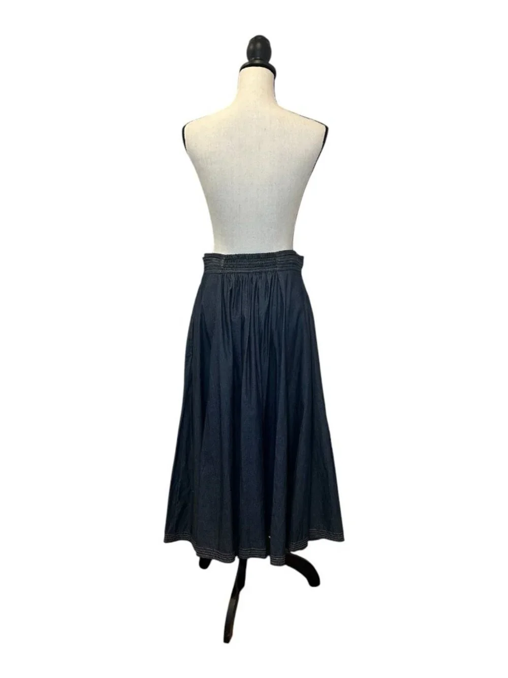 eShakti Skirt Women’s Size 12 Blue Denim Pleated A-Line Ankle Maxi Pockets